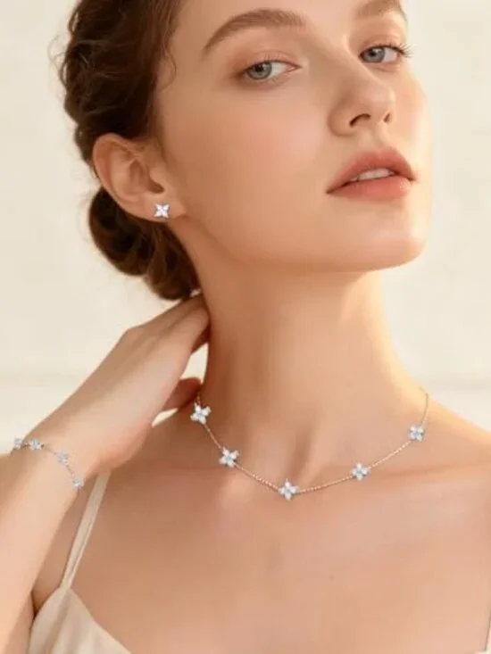 14K Silver Plated Four Leaf Bracelet Choker Necklace and Earring Jewelry Set - Picture 5 of 6